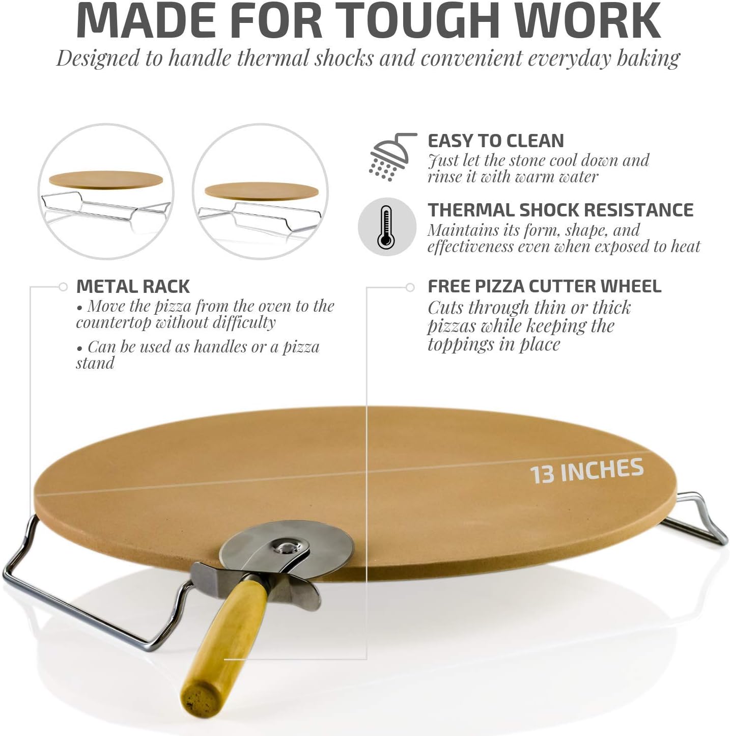 Ovente Ceramic Flat 13 Inch Pizza Stone Set with Crust Cutter Wheel & Metal Rack/Handle, Compact Easy Storage Portable Baking Grilling Stone Thermal Shock Resistance for Oven Grill BBQ, Beige: Kitchen & Dining