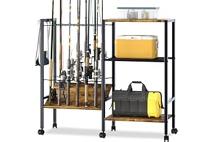 Azheruol Fishing Rod Rack Fishing Equipment Organizers With Wheels, Metal Fishing Gear Shelf Up To 12 Rods, Fishing Rod Holders Fishing Pole Storage Cart For Garage Home Entryway Corner