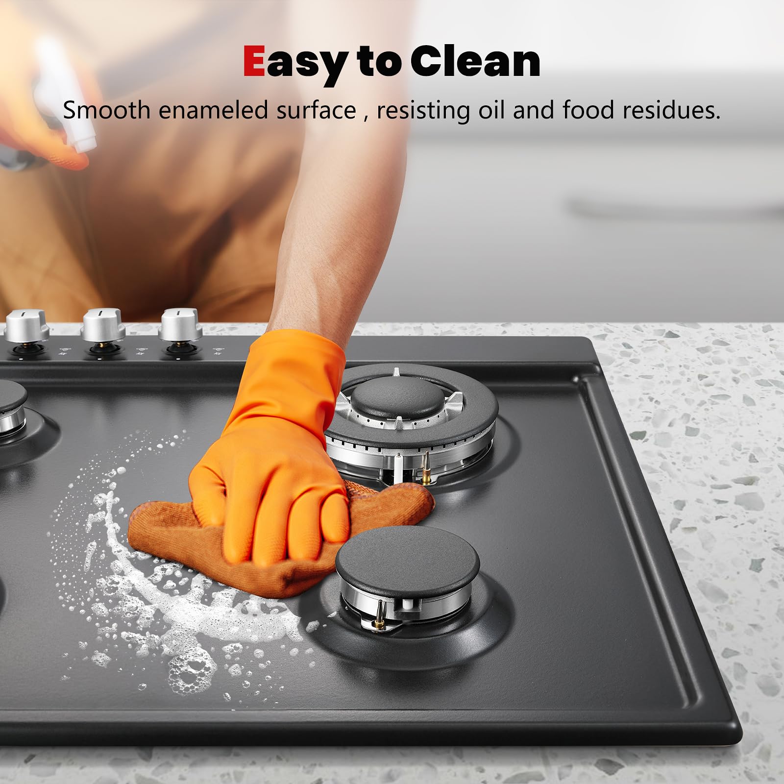 Gas Stove Top 24 inch Eascookchef, 24 inch Gas Cooktop 4 Burner, Bulit-in Stove Top NG/LPG Convertible, Upgrade Black Enamel Propane Cooktop with Thermocouple Protection