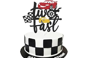 VIKIWIIN Two Fast Cake Topper Race Car 2nd Cake Decoration for Racing Car Checkered Flag Themed Kids Boy Girl 2 Years Old Happy 2s Birthday Party Supplies Double Sided
