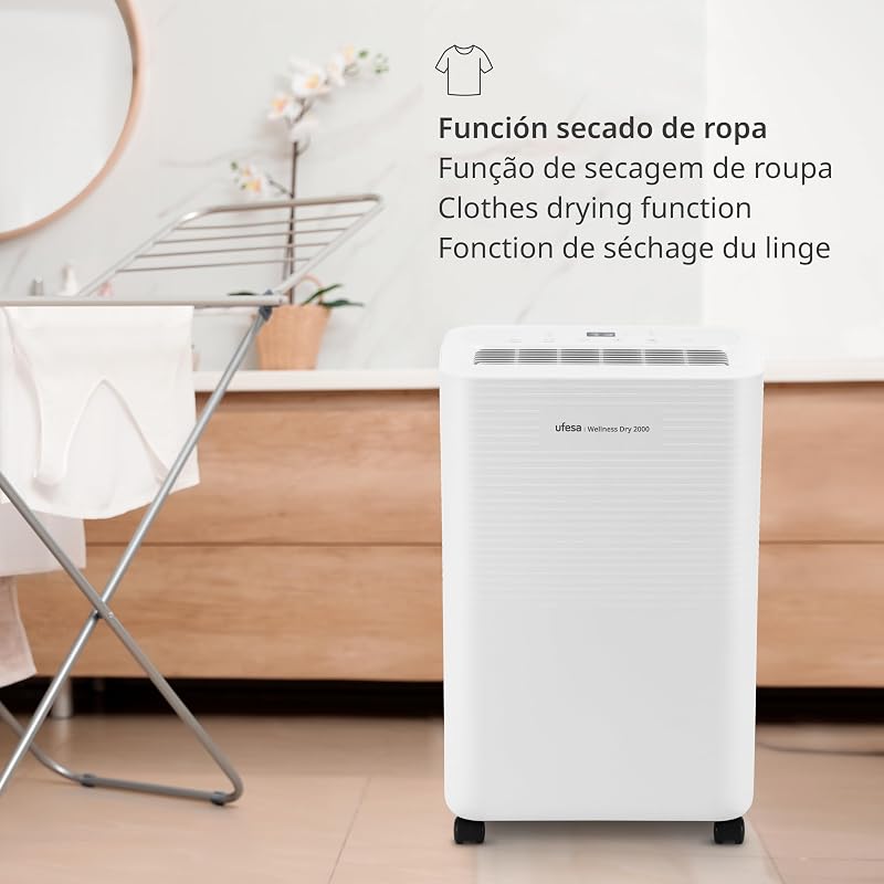 Wellness Dry 2000 Deumidificatore 280W, 12L/24h, Silenzioso 47dB con Pannello Intuitivo, Funzione di Asciugatura dei Vestiti, Sensore di Umidità, Capacità 2L, 2 Velocità, Timer, Fino a 40m2