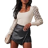 miduo Womens Tops Square Neck Polka Dot Balloon Long Sleeve Top Shirts Slim Knit Ribbed Tops Blouses