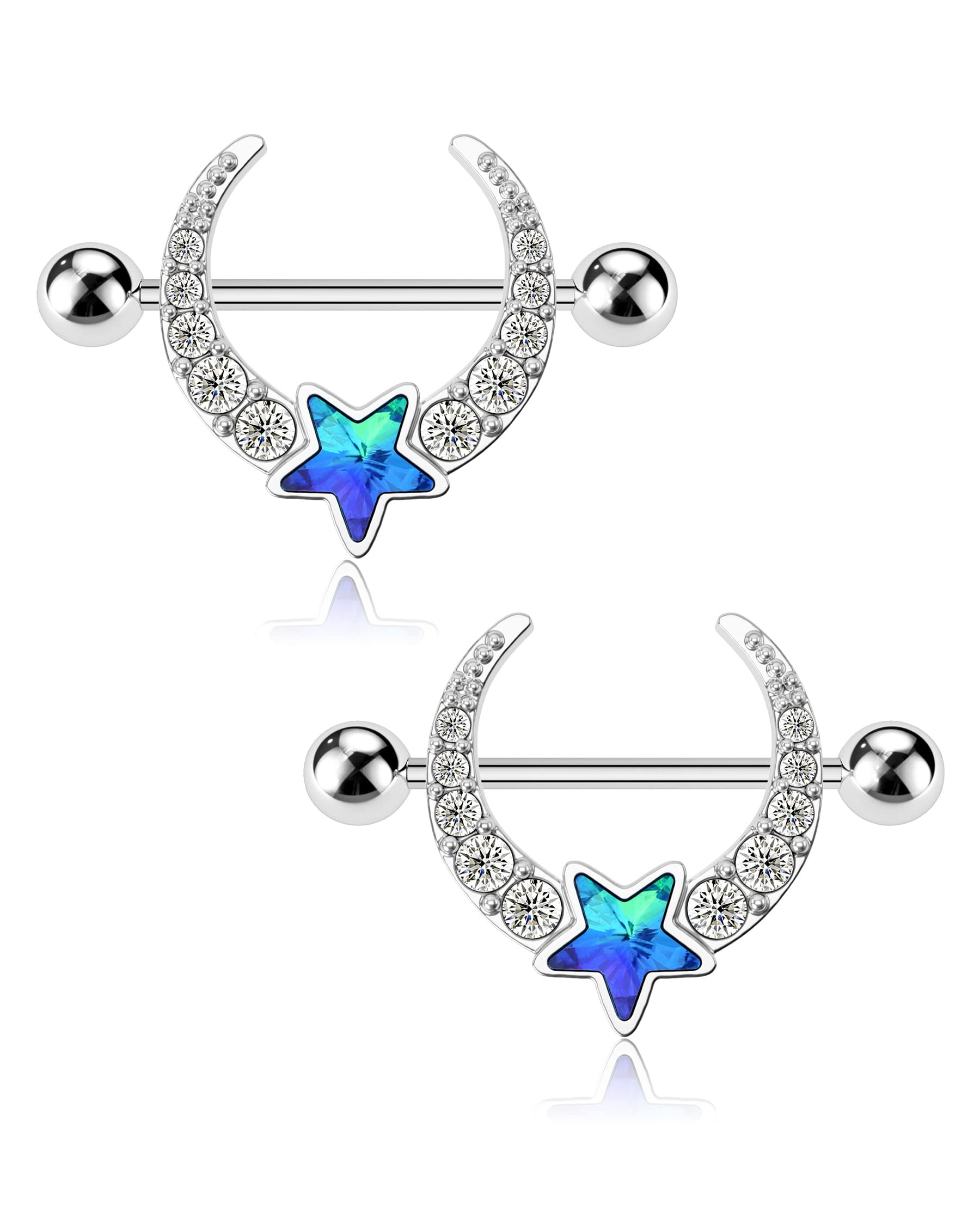 Melighting 14G Star Nipple Piercing Bar 316L Surgical Steel Nipple Rings Blue Gem Paved Nipple Bars Nipple Piercing Jewellery for Women