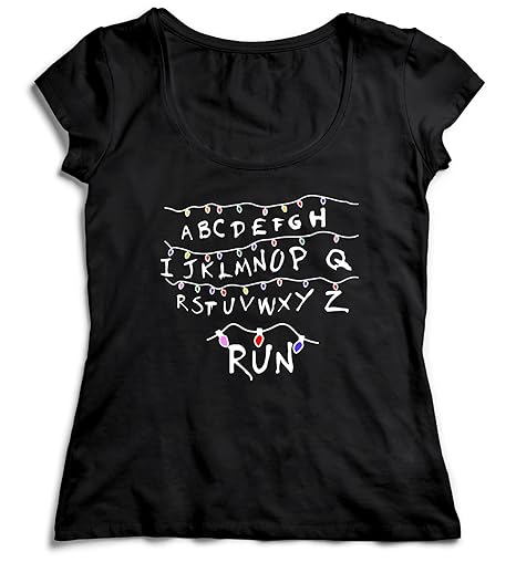 MYMERCHANDISE Run Stranger Things Damen Women's Women Lady T-Shirt Black Shirt Baumwolle Organic Cotton Gute Qualität Damen