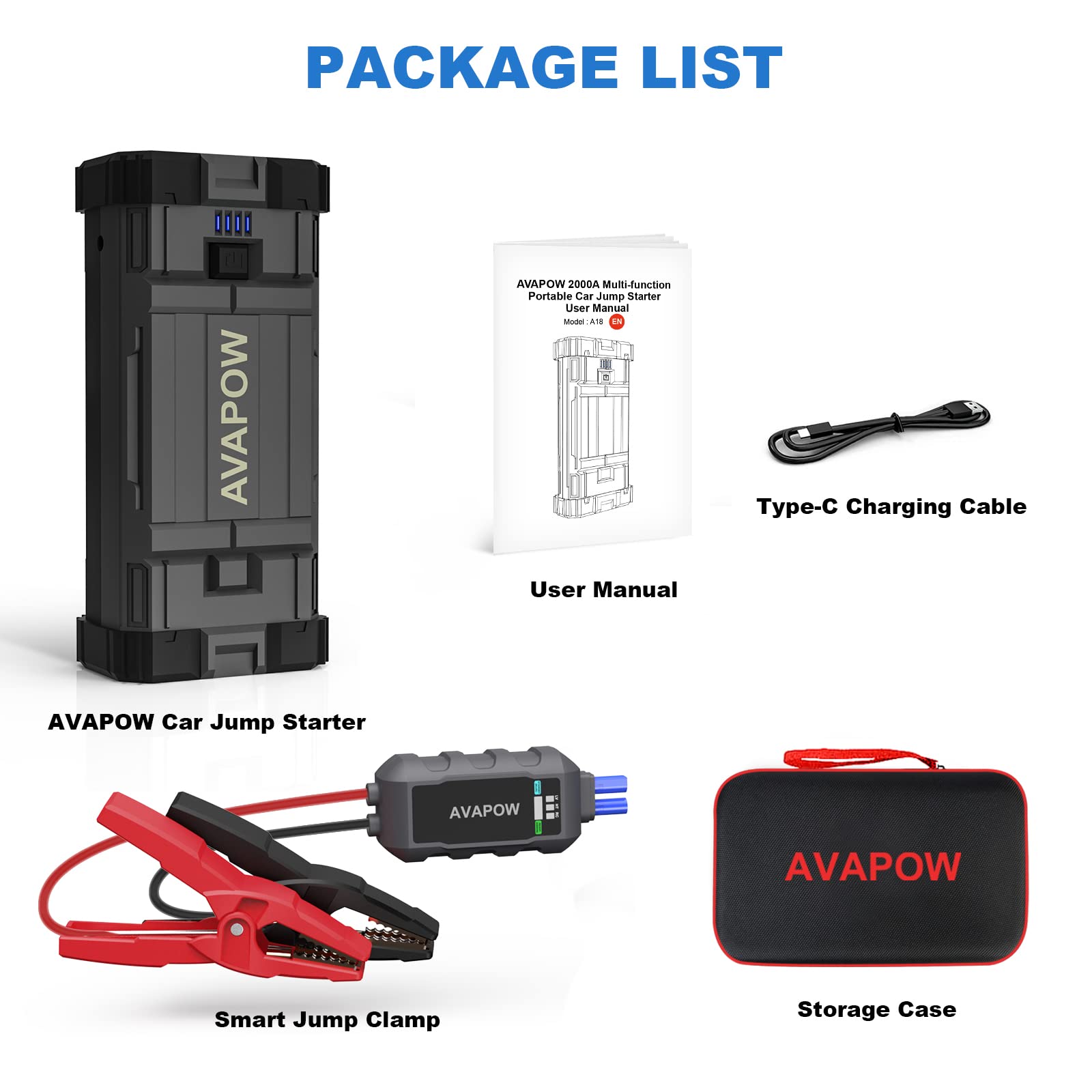 AVAPOW Car Battery Jump Starter 2000A Peak, Jumpstart with Force Start Function, Portable Starters for Up to 8L Gas 6.5L Diesel Engine with Booster Function,12V Lithium Jump Charger Pack Box