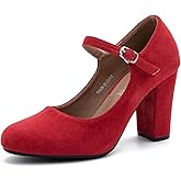 MAIERNISI JESSI Women's Mary Jane Pumps, Closed Round Toe, Block Heel with Ankle Strap Buckle, 3.54 Inch High Heel