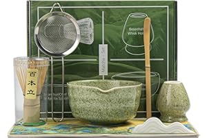 PEMUCEN Matcha Set, Matcha Whisk Set Includes Matcha Bowl with Spout, Bamboo Whisk, Matcha Whisk Holder, Sifter, Scoop, Spoon Holder, Tea Towel- 7pcs Perfect Matcha Kit for Matcha Tea Ceremony (Jade Green)