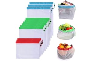 Reusable Mesh Produce Bags 12Pcs, See Through Drawstring Bags, Fruit Vegetable Toys Grocery Storage Bags
