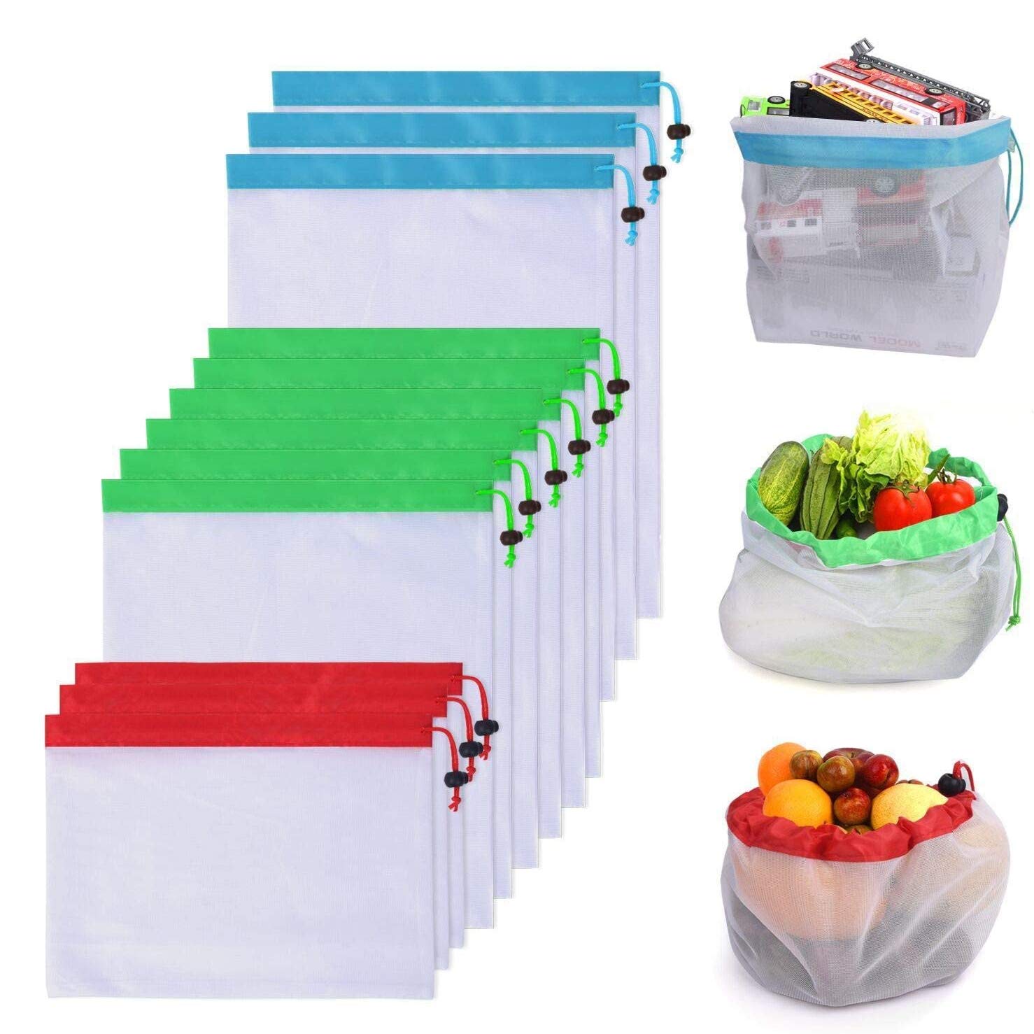 Reusable Mesh Produce Bags, Washable Grocery Bulk Drawstring for Fruits, Veggies, Toys, 12Pcs (Large, Medium and Small)