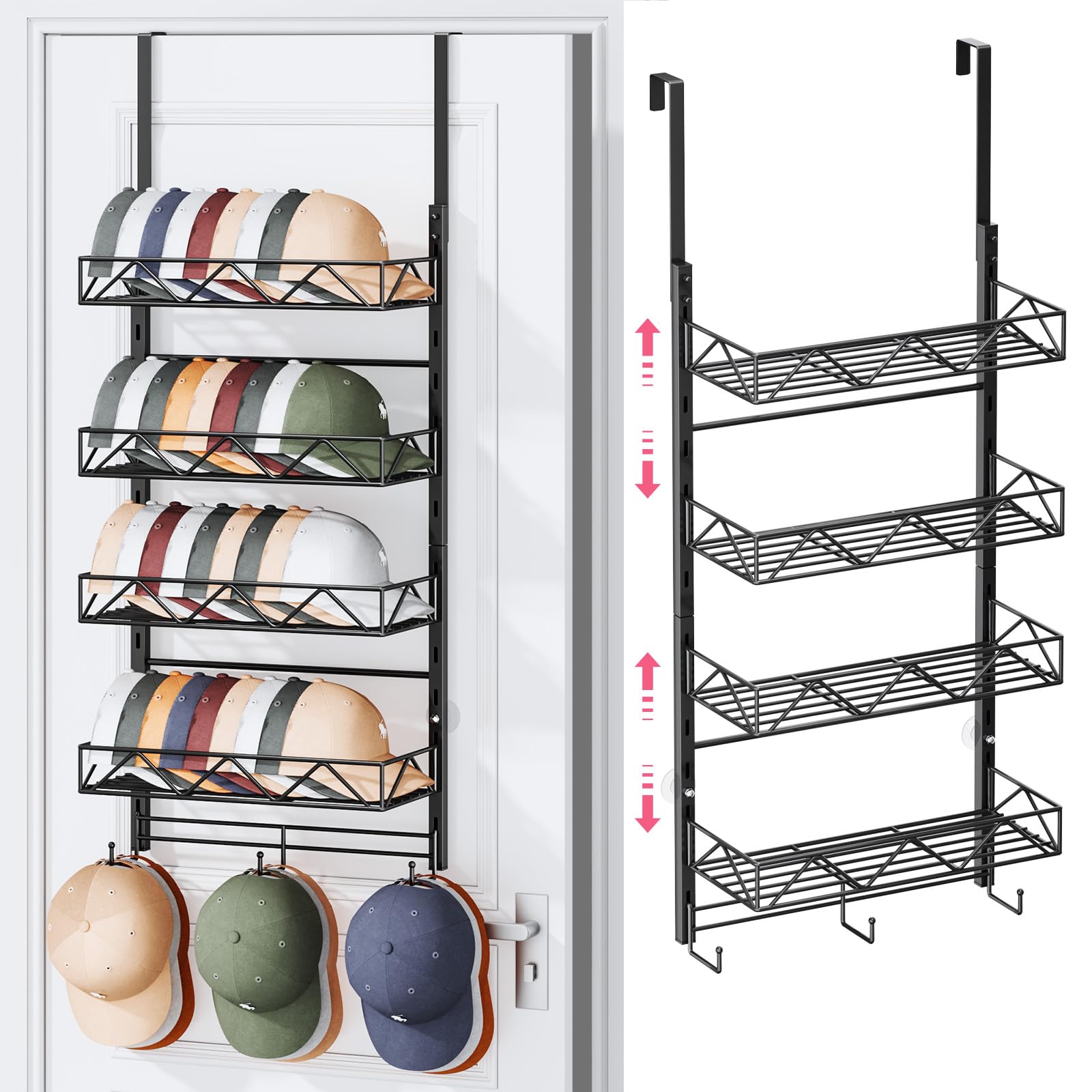 Photo 1 of SWTYMIKI Over Door Hat Organizer - 5 Tier Wall Mounted Hat Rack with 4 Adjustable Metal Basket and 3 Hooks, Hanging Baseball Cap Organizer Storage Holds up to 49 Caps for Door, Bedroom, Closet