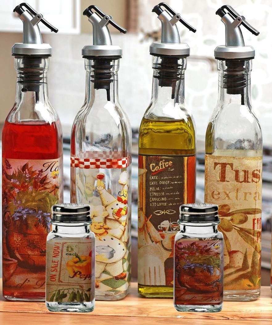 Circleware Bistro Dual Glass Olive Oil and Vinegar Beverage Dispenser Bottles 4-Piece Pourer Spouts & Matching Salt and Pepper Shakers, 17 oz ,Package May Vary