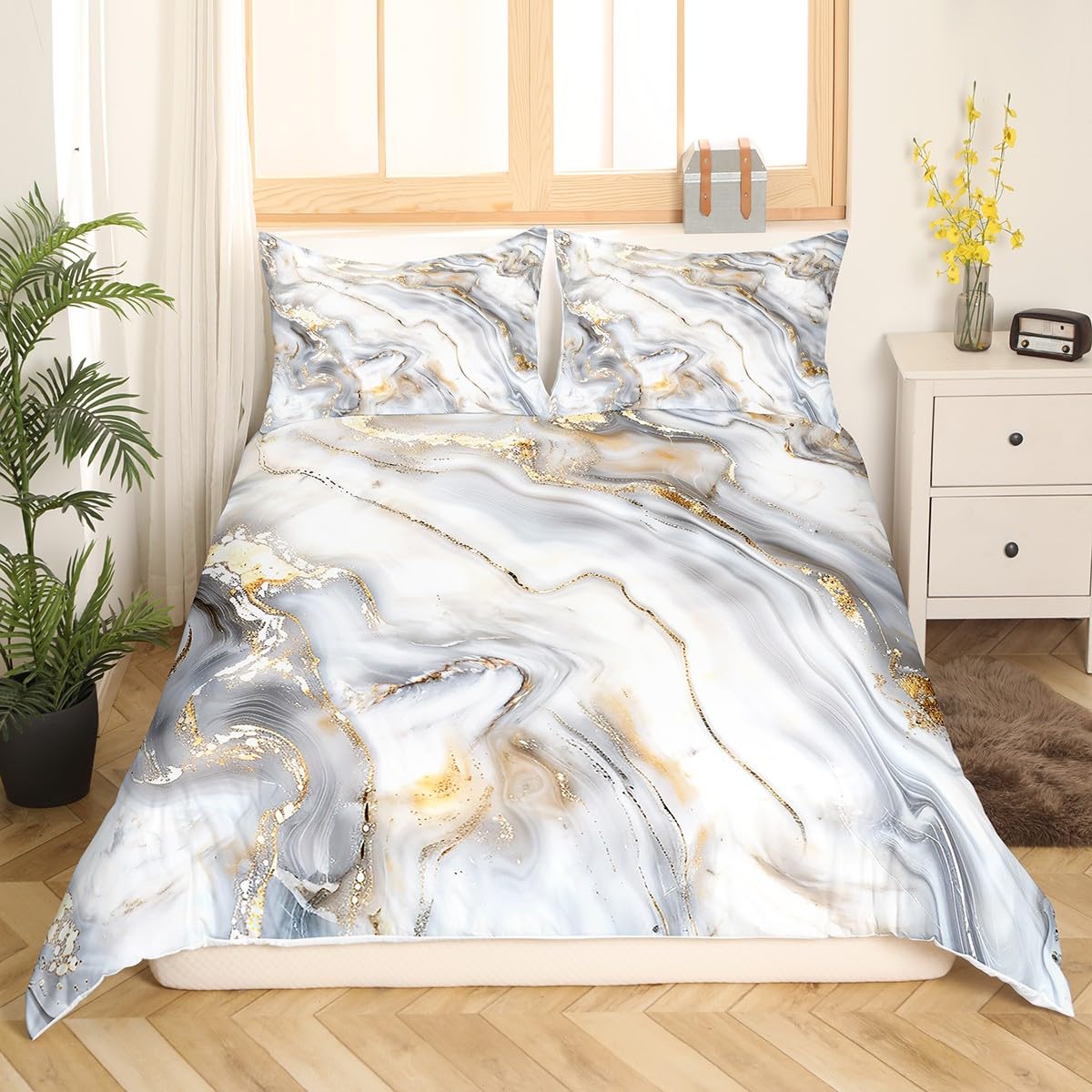Loussiesd Marble Bedding Set Grey Gold Marble Comforter Cover for Kids Adults Abstract Geometric Marble Texture Duvet Cover Crack Brick Bedding & Linen With 2 Pillow Case Double Size