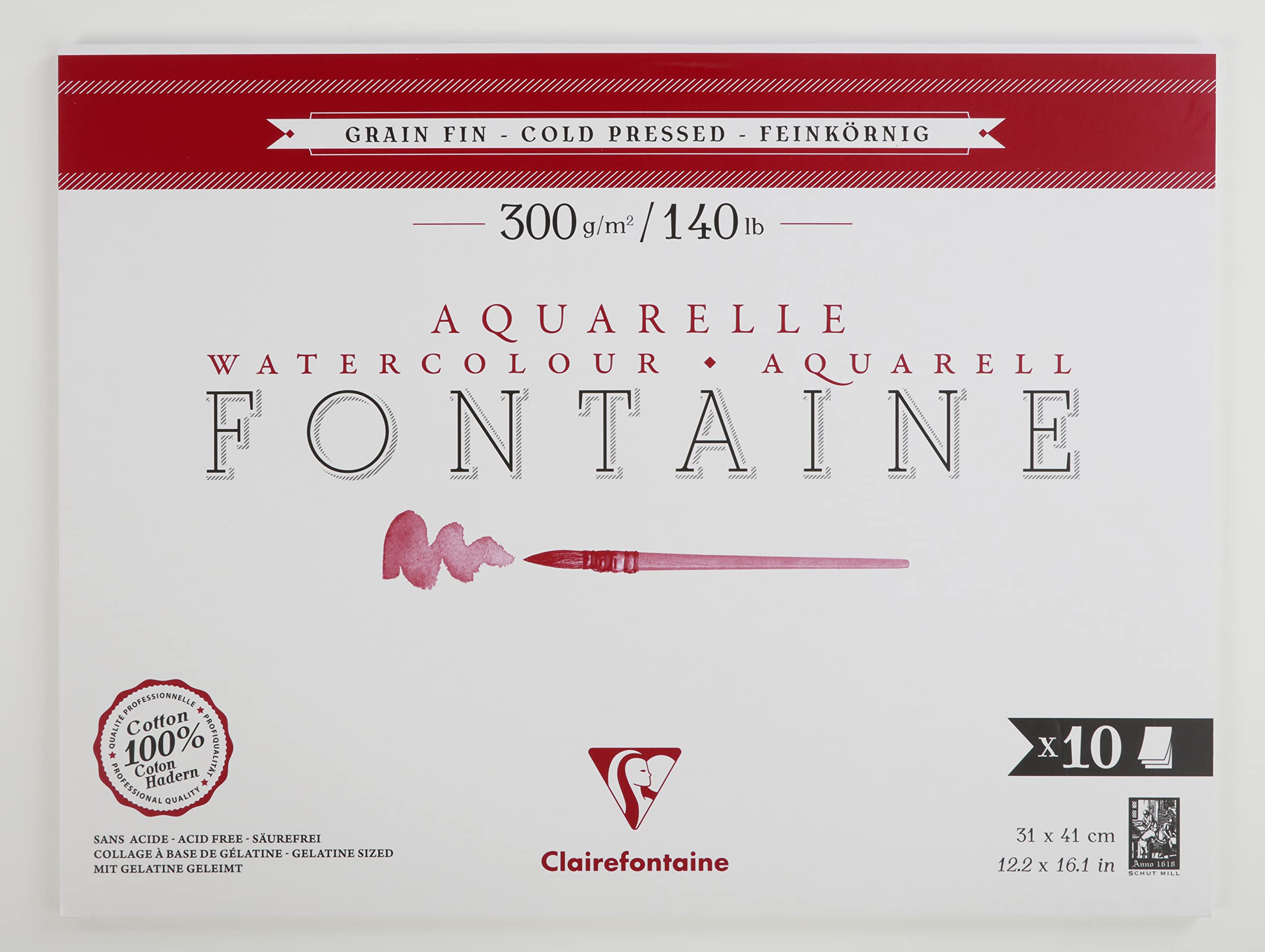 Clairefontaine 975513C Fontaine 1-Sided Glued Pad - 10 Sheets of 100% Cotton Fine Grain Professional Quality White Watercolour Paper 31x41 cm 300g