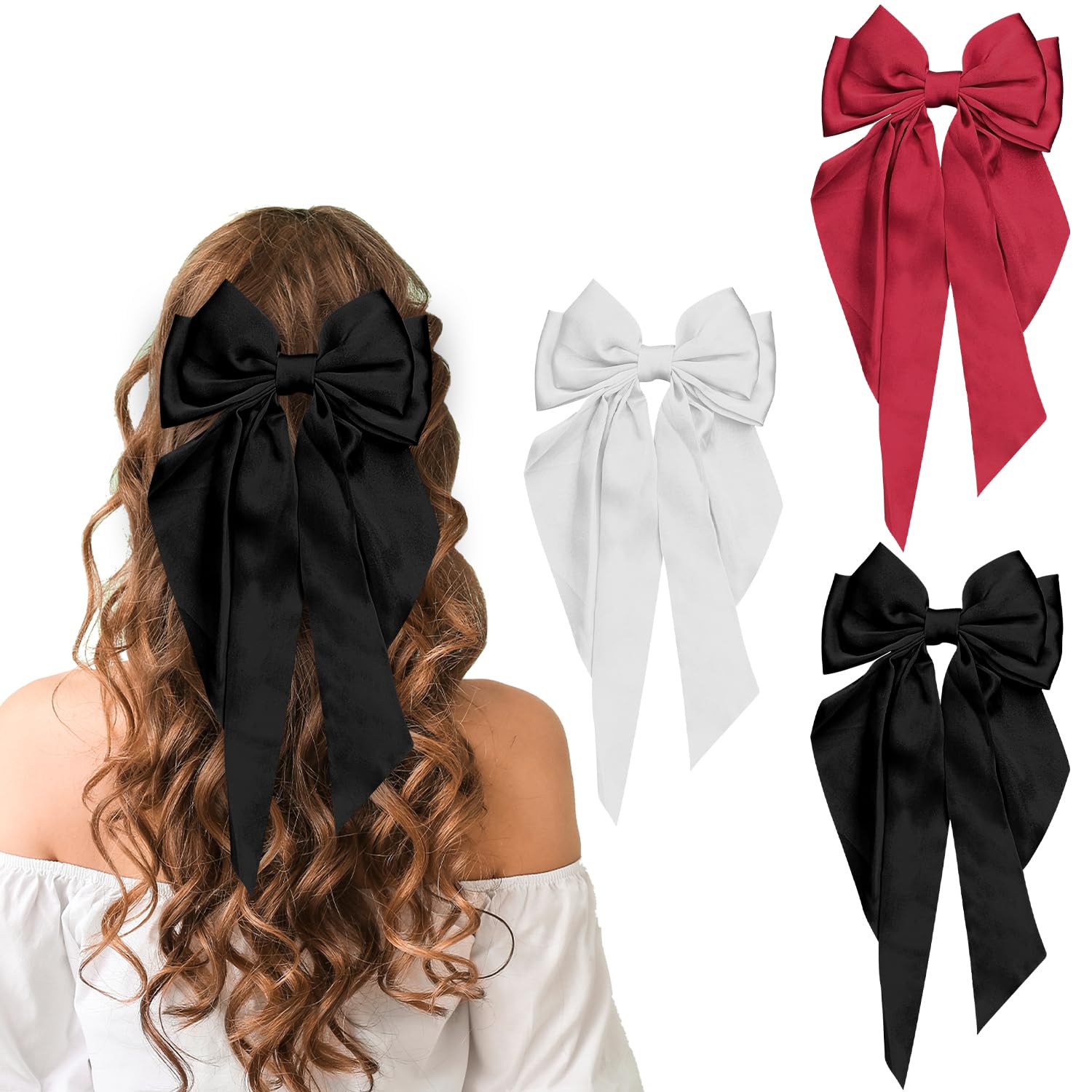 3PCS Bow Hair Clip, Duckbill Bow Clip Hair Bows for Women Big Bowknot Hairpin French Hair Clips with Long Ribbon Soft Satin Silky Hair Bows for Women Girls(black+pure white+red)