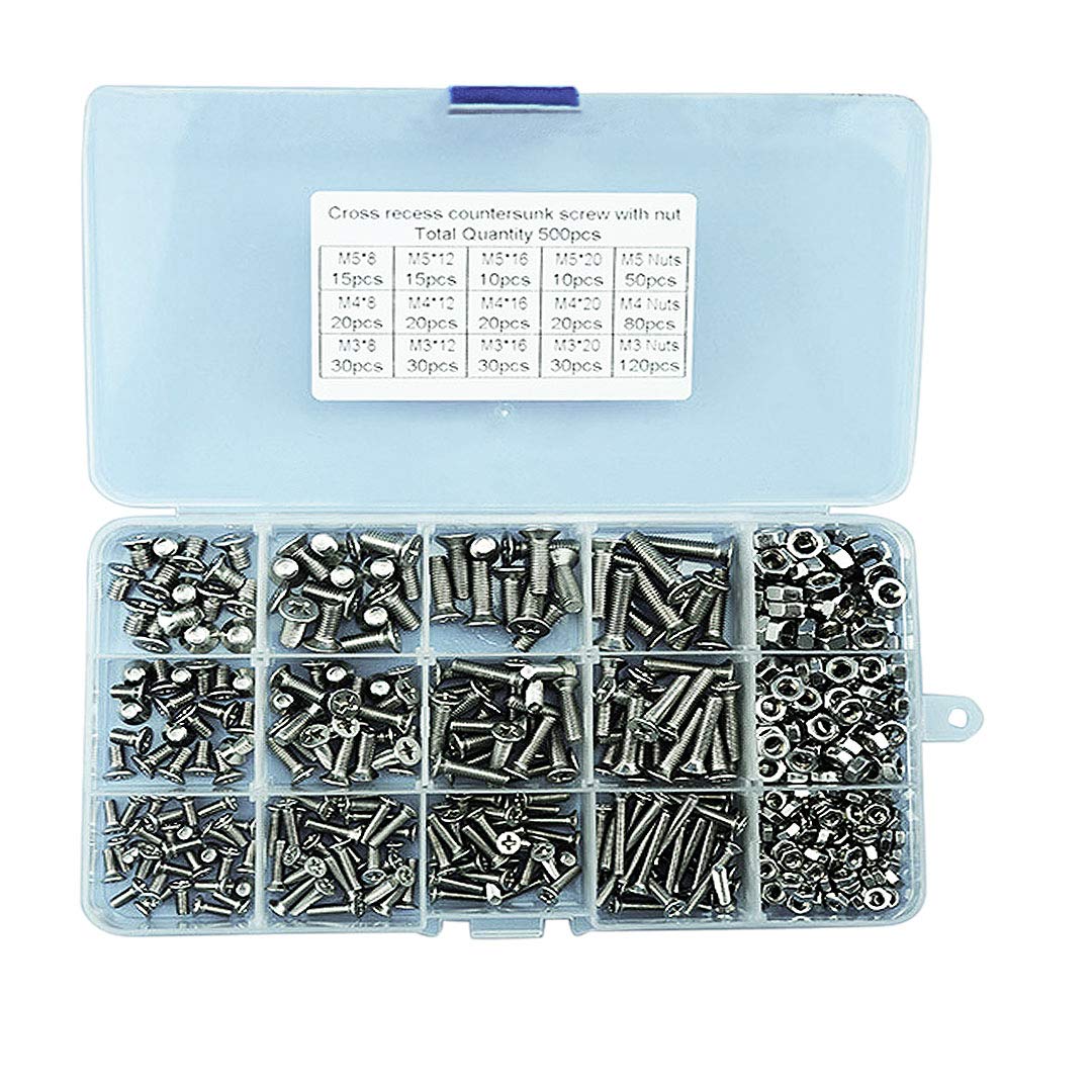 BOZONLI 500pcs M3 M4 M5 Cross Countersunk Machine Screw Bolts and Nuts Assortment Kit with Box