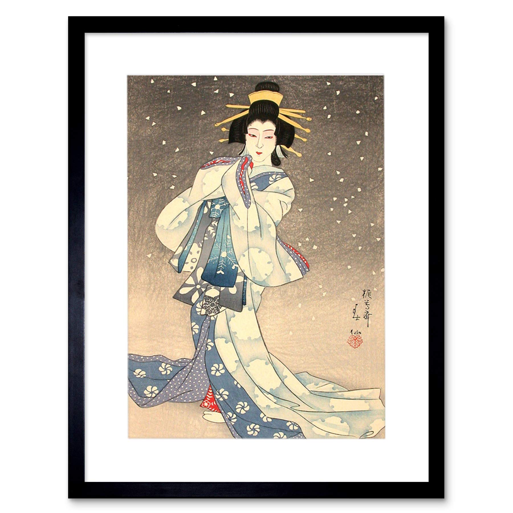 Wee Blue Coo Natori Shunsen Japanese Kabuki Theatre Geisha Artwork Framed Wall Art Print 12X16 Inch