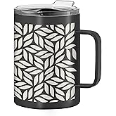 Oggi ThermoMug Stainless Steel Insulated Mug- Double Wall Vacuum Insulated w/Handle & Lid, Coffee Cup, Camping Mug, Travel Thermos, 14oz(420ml), Geo Leaf
