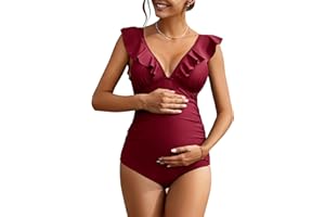 Adisputent Maternity Swimsuits V Neck Ruffled Monokini Plus Size Lace Up Swimwear One Piece Bathing Suits for Pregnant Women