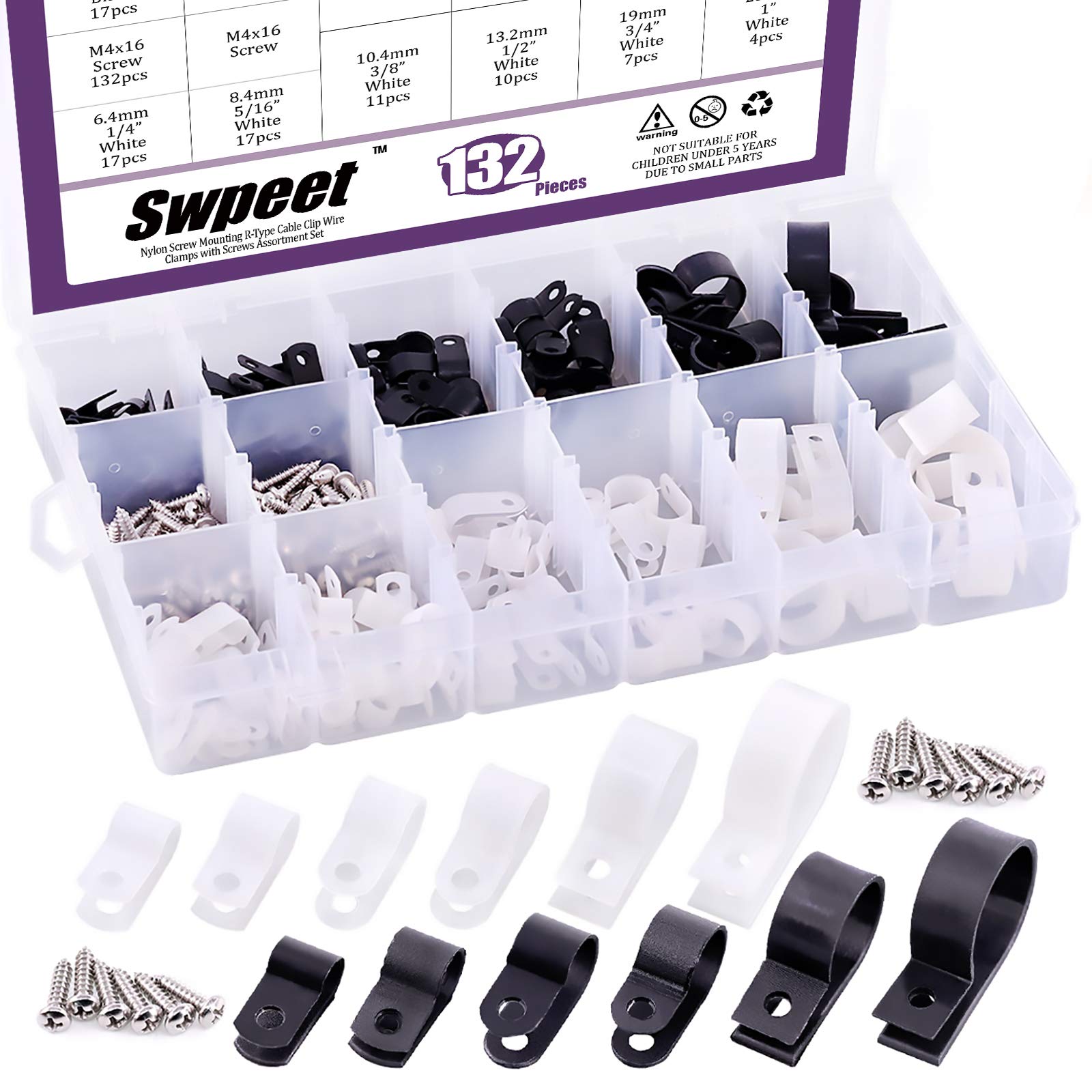 135 Pack 6 Sizes White+Black Nylon Plastic R-Type Cable Clips Clamp Assortment Kit, 3/16" 1/4" 3/8" 1/2" 3/4" 1" Nylon Screw Mounting Cord Fastener Clips with 135Pcs Screws for Wire Management