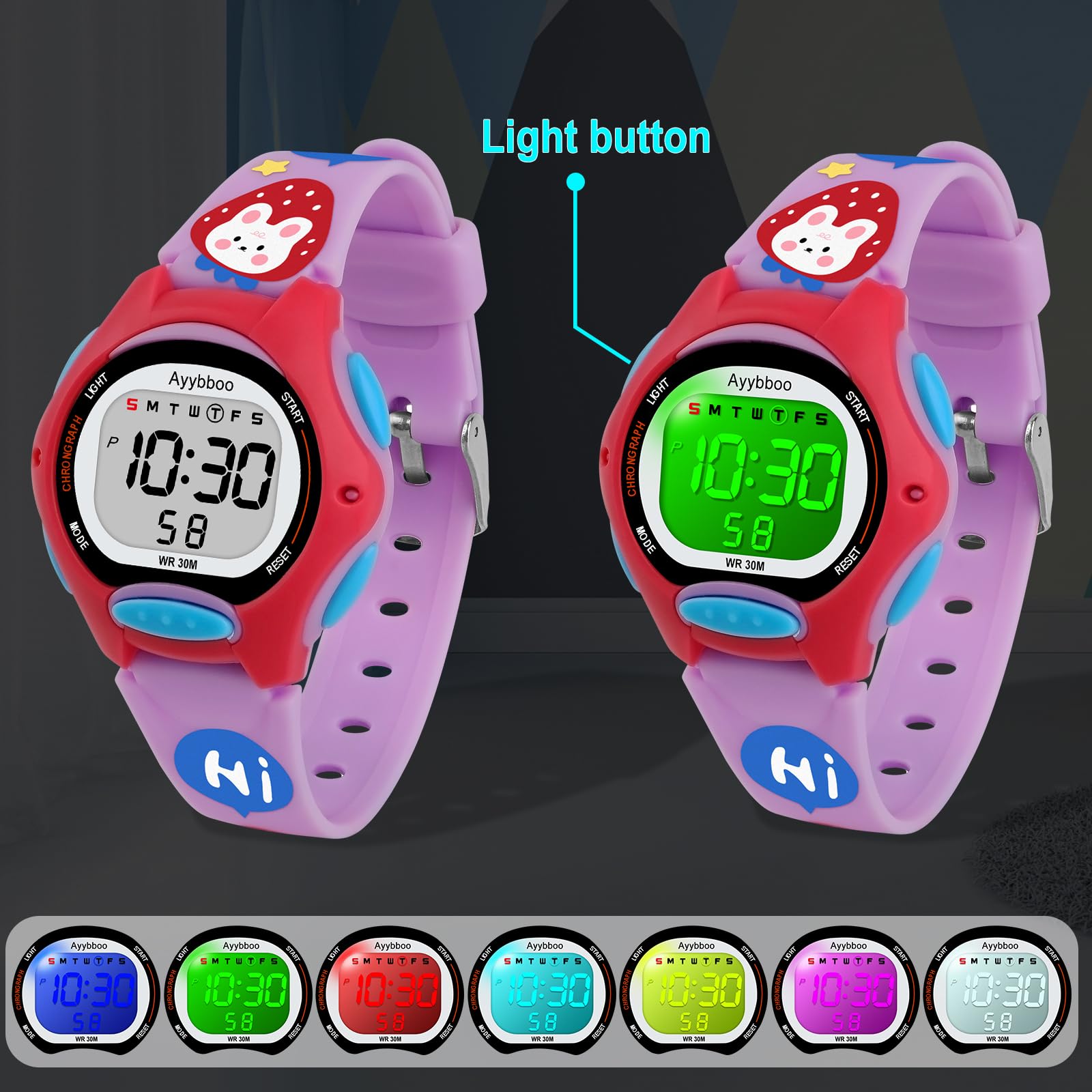 Kids Watch Digital with Cartoon Band, Colorful LED Lights 30M Waterproof, Alarm Clock, Sport Watch with Stopwatch, Cute Child Presents for Girls Boys Ages 5-12