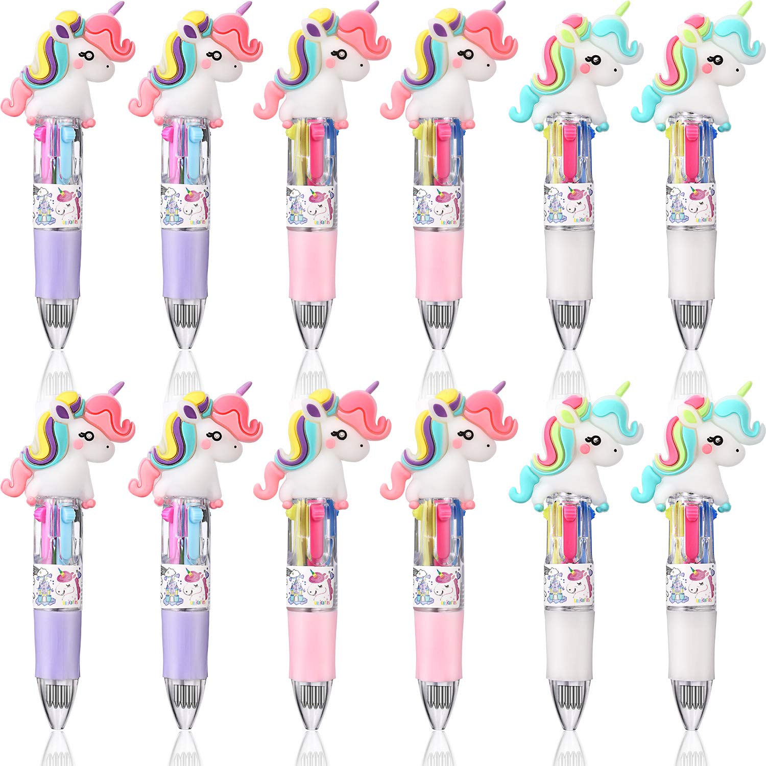 Photo 1 of 12 Pieces Retractable Unicorn Pens 4-in-1 Multicolor Ballpoint Pen Unicorn Candy Party Favor Colored Ink Mini Party Favors for Girls Kids Classroom Prizes Birthday Gifts(Curly Hair Unicorn)