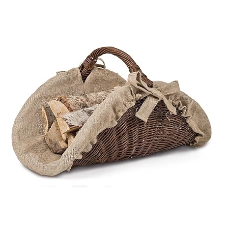 Kaminholzkorb, Weidenkorb, Holzkorb, Kaminkorb, ungeschälte Vollweide, Jute, 60 x 43 x 32 cm