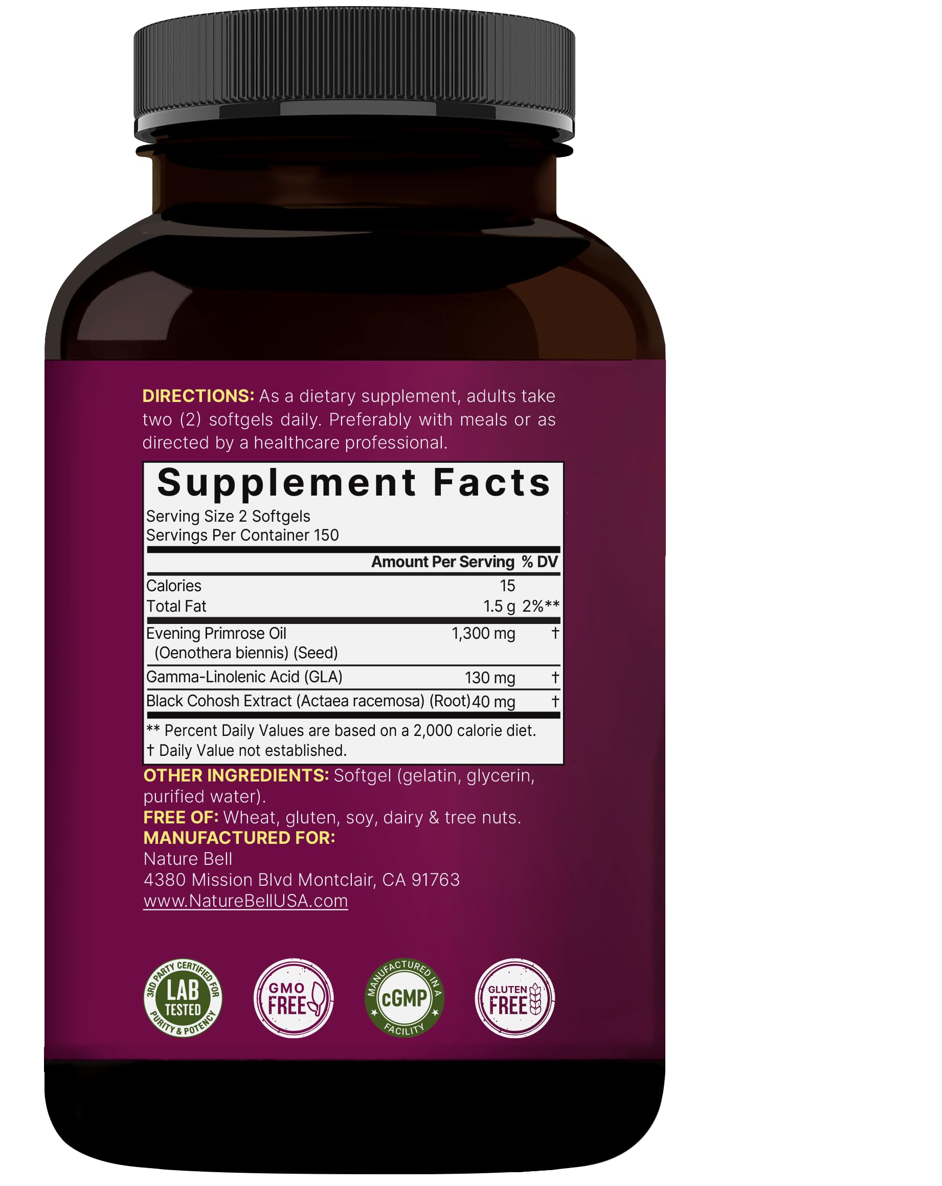 NatureBell Evening Primrose Oil with Black Cohosh, 1,300mg Per Serving, 300 Mini-Softgels | Cold Pressed Seeds, Retains 130mg GLA for Womens Health & Skin Care Support – Hexane Free, Non-GMO