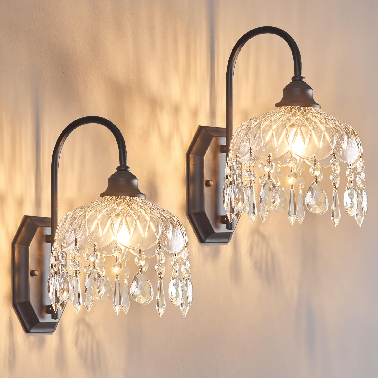 Photo 1 of JXJYHL 2-Pack Vintage Wall Sconce,Glass Crystal Wall Sconce,Matte Brushed Antique Black Finish Set of Two for Bedroom Bathroom Hallway Living Room Decor