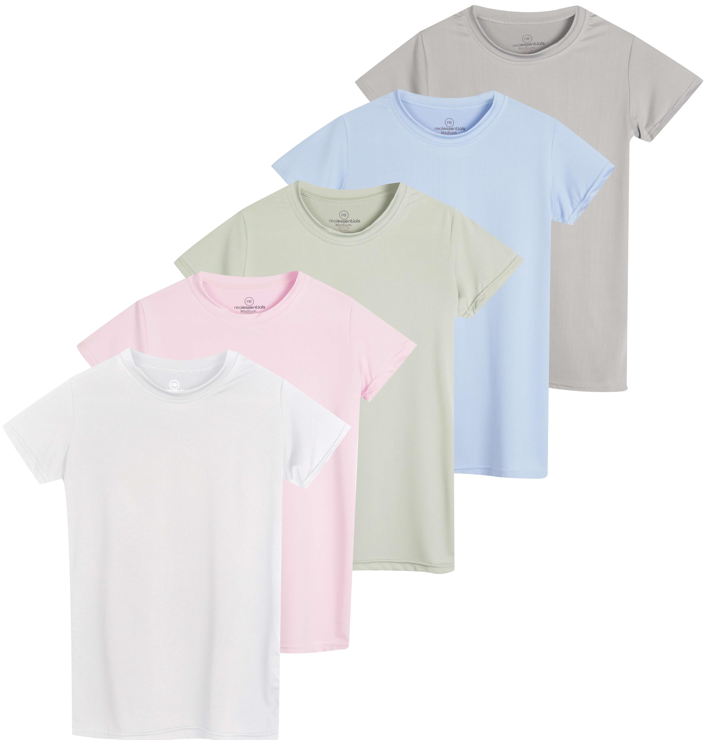 Photo 1 of Real Essentials 5 Pack: Girls Short Sleeve Dry-Fit Crew Neck Active Athletic Performance T-Shirt - Set 6, M (10-12)