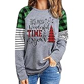 Women's Christmas Shirts Holiday Outfits Xmas Graphic Plaid Striped Raglan Long Sleeve Tops