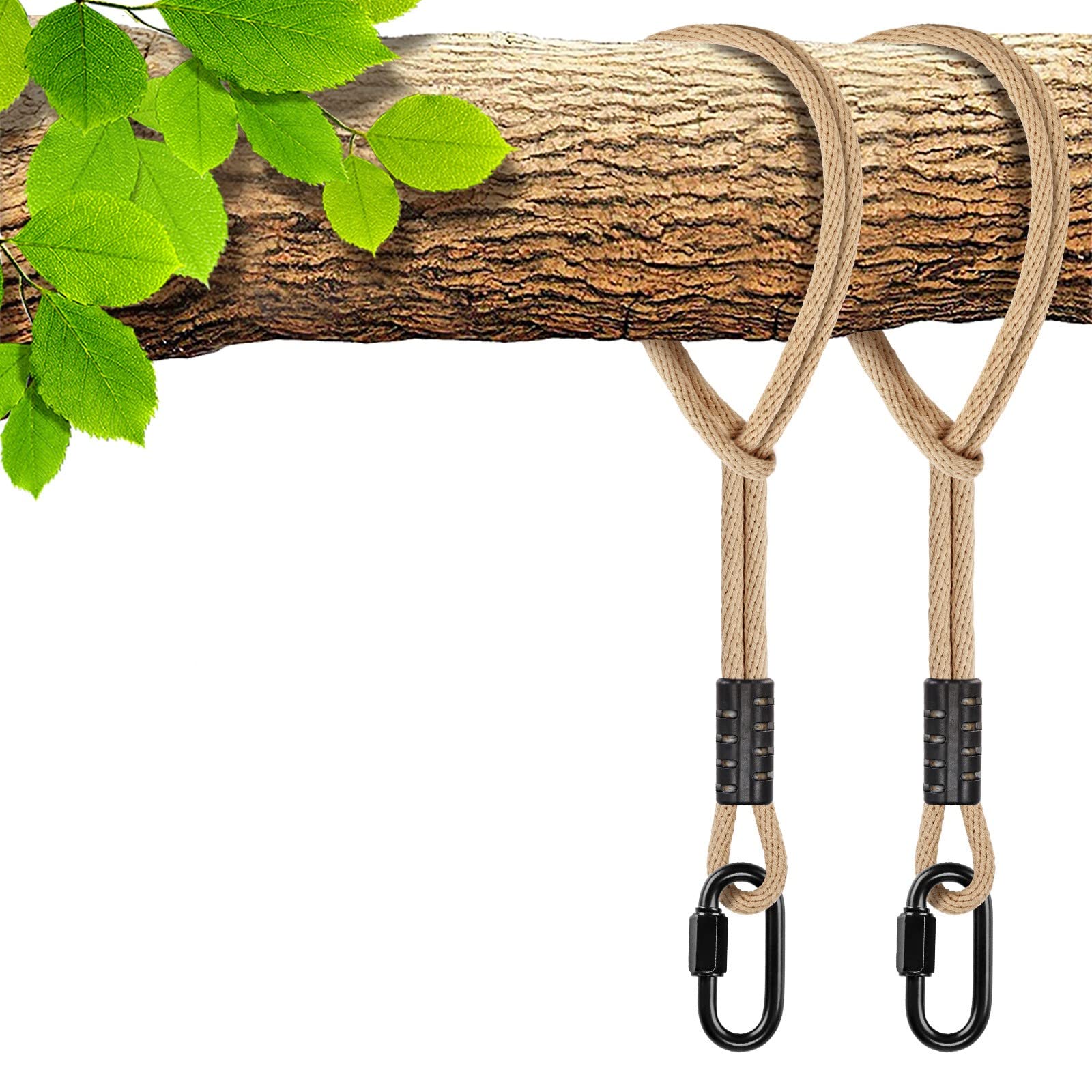 Photo 1 of SELEWARE Hammock Straps, 8ft Tree Swing Rope for Hammock Chair Hanging Kit, Extension Rope with Carabiner for Indoor Outdoor Playground Tree Swings Camping Hammock Accessories (Beige1,2 Pack)