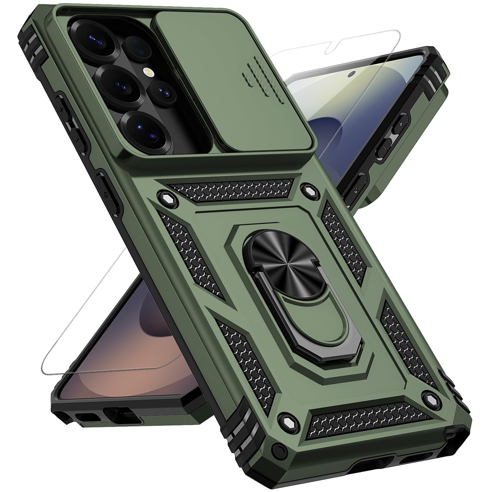 for Samsung Galaxy S26 Ultra Case, with Slide Camera Cover Screen Protector 360° Rotable Ring Holder Kickstand Military Grade Protection Drop Tested Protective Phone Case for S26 Ultra (Olive Green)