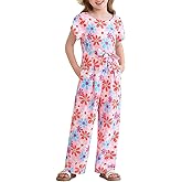 Haloumoning Girls Floral Jumpsuit Kids Fashion Short Sleeve Belted Wide Leg Romper One Piece Outfits with Pockets