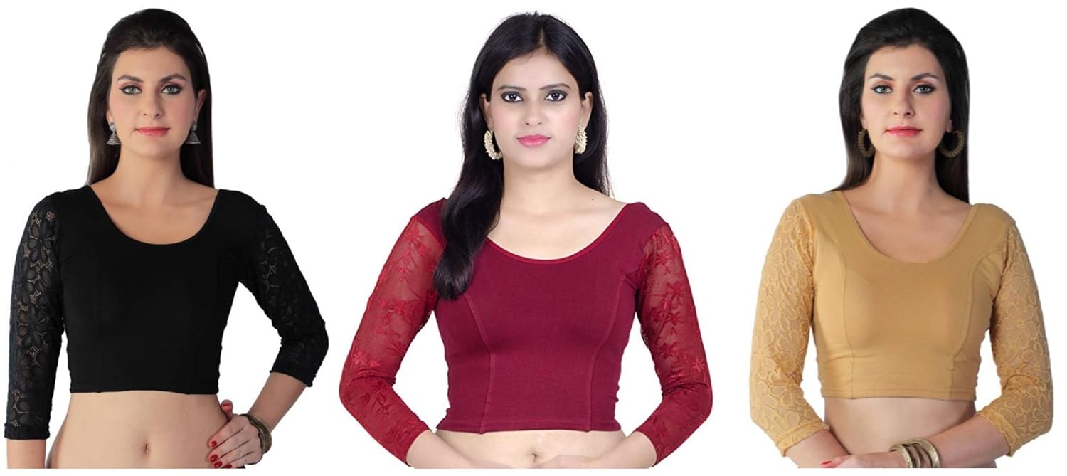 fressia fabrics women's stretchable readymade saree blouse crop top choli pack of 3