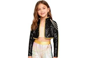 YONGHS Girls Sequin Popular Singer Tops Music Festival Stage Performance Sparkly Dance Crop Jacket