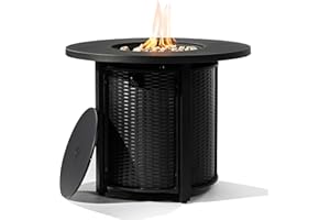 SENJOYS 32'' Round Gas Fire Pit, 50,000 BTU Steel Outdoor Fire Tables, Fire Table with Lid, Add Warmth & Ambience to Gatherings and Parties On Patio Deck Garden Backyard, Black.