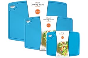 Liflicon Silicone Thick Cutting Boards Mats Set of 3pcs Foldable & Flexible Design Juice Grooves Easy Grip Handle Dishwasher Safe for Kitchen,BPA free Chif-Blue