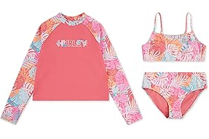 Hurley Girls Long Sleeve Rash Guard and Bikini 3-Piece Swimsuit