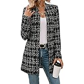 ebossy Women's Casual Slim Notched Plaid Tweed Blazer Elegant Open Front Long Sleeve Thigh Length Jacket Dress Coat
