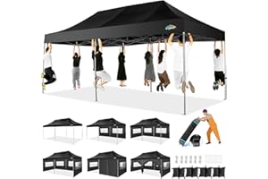 COBIZI 10x20 Heavy Duty Pop up Canopy Tent with 6 sidewalls Easy Up Commercial Outdoor Canopy Wedding Party Tents for Parties All Season Wind & Waterproof Gazebo with Roller Bag,Black(Frame Thickened)