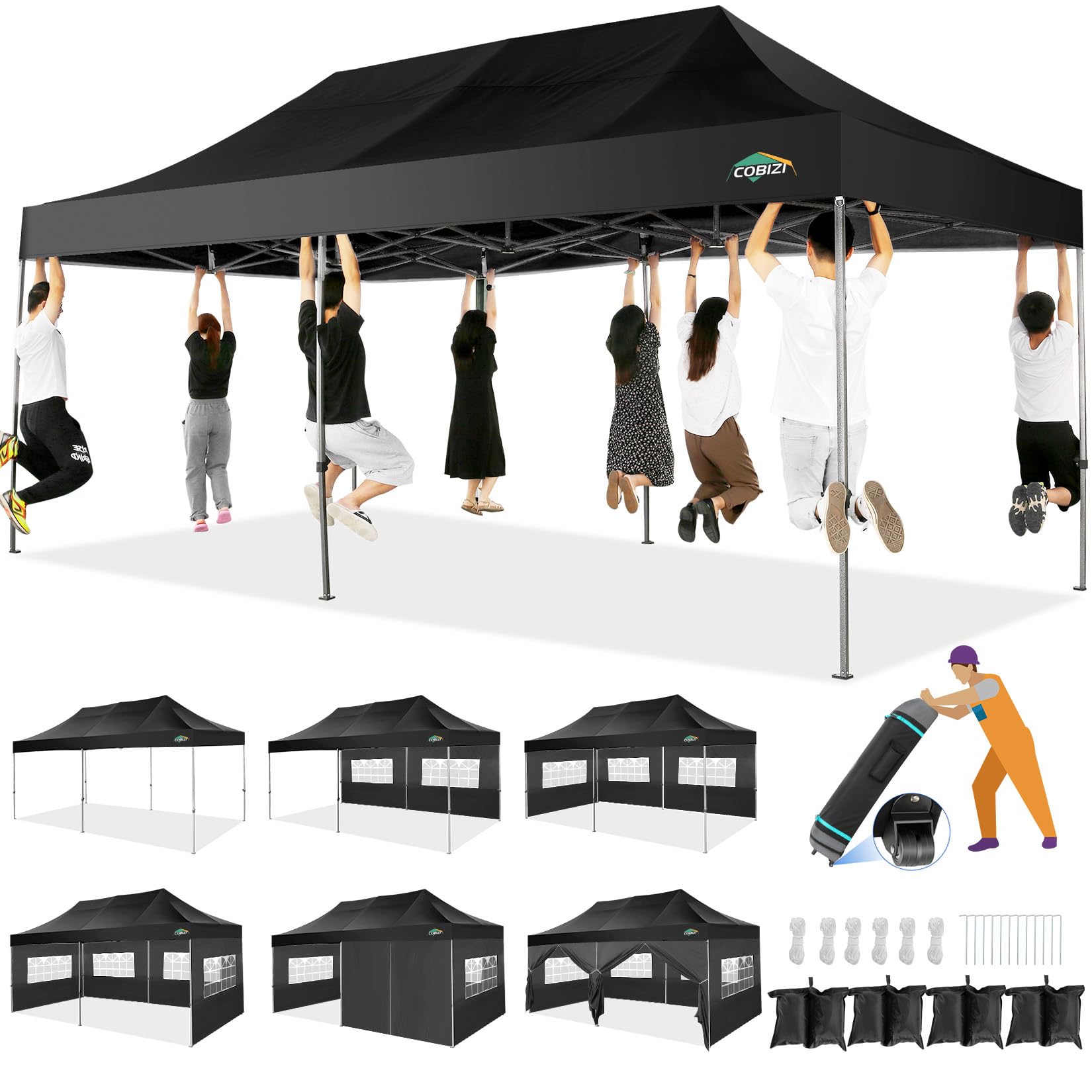 Photo 1 of ***It is used, it is missing a part, it is not known if it works 100%.****COBIZI 10x20 Heavy Duty Pop up Canopy Tent with 6 sidewalls Easy Up Commercial Outdoor Canopy Wedding Party Tents for Parties All Season Wind & Waterproof Gazebo with Roller Bag,Bla
