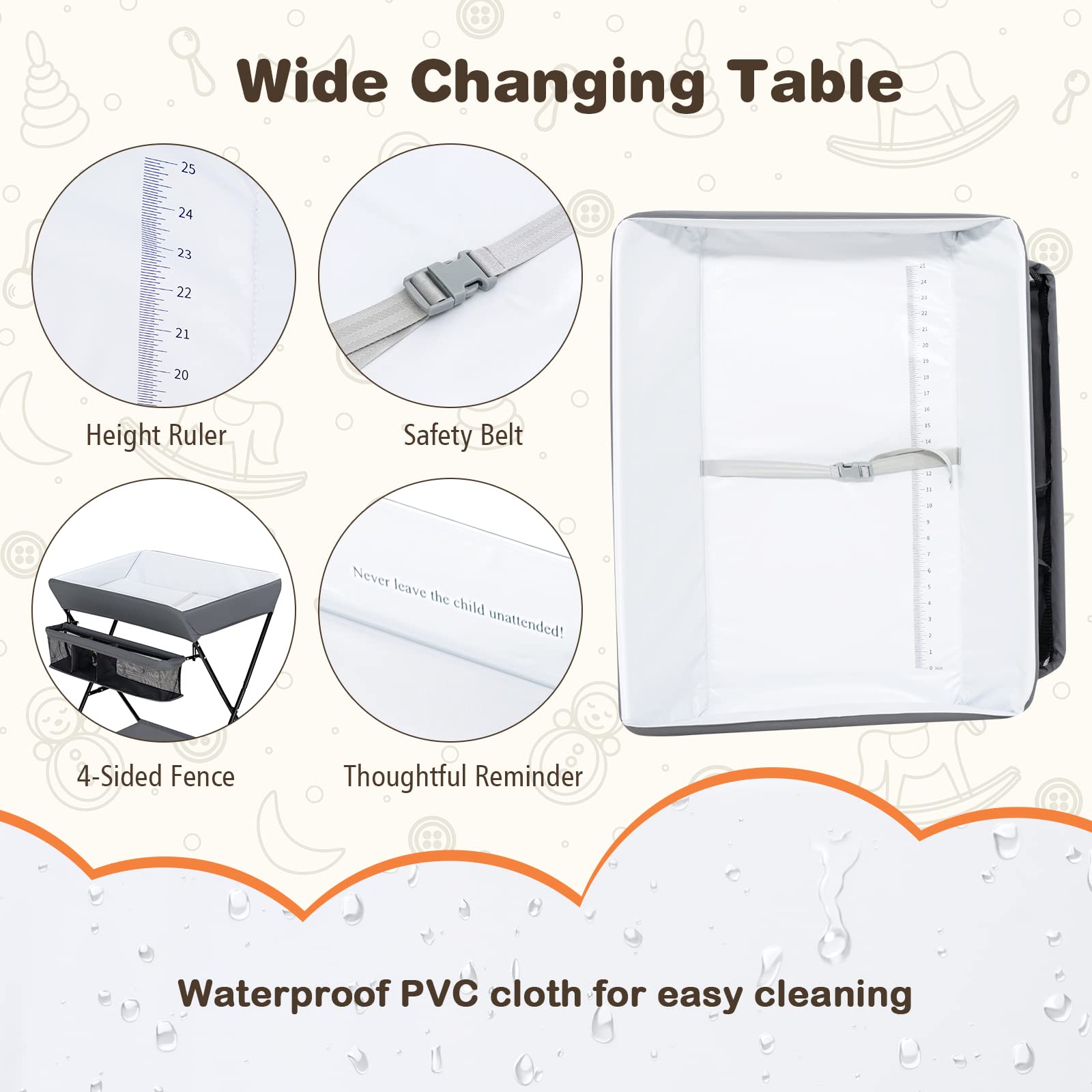 Costzon Changing Table, Portable Baby Changing Table Foldable Diaper Changing Station with Safety Belt, Large Storage Rack & Shelf, Nursery Organizer for Newborn Infant (Dark Gray)