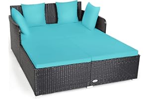 Tangkula Outdoor Rattan Daybed, Sunbed Wicker Furniture w/Spacious Seat, Upholstered Cushion & High-Resilience Sponge, Wicker Patio Sofa Set w/Extra Pillows for Courtyard Poolside(Turquoise)