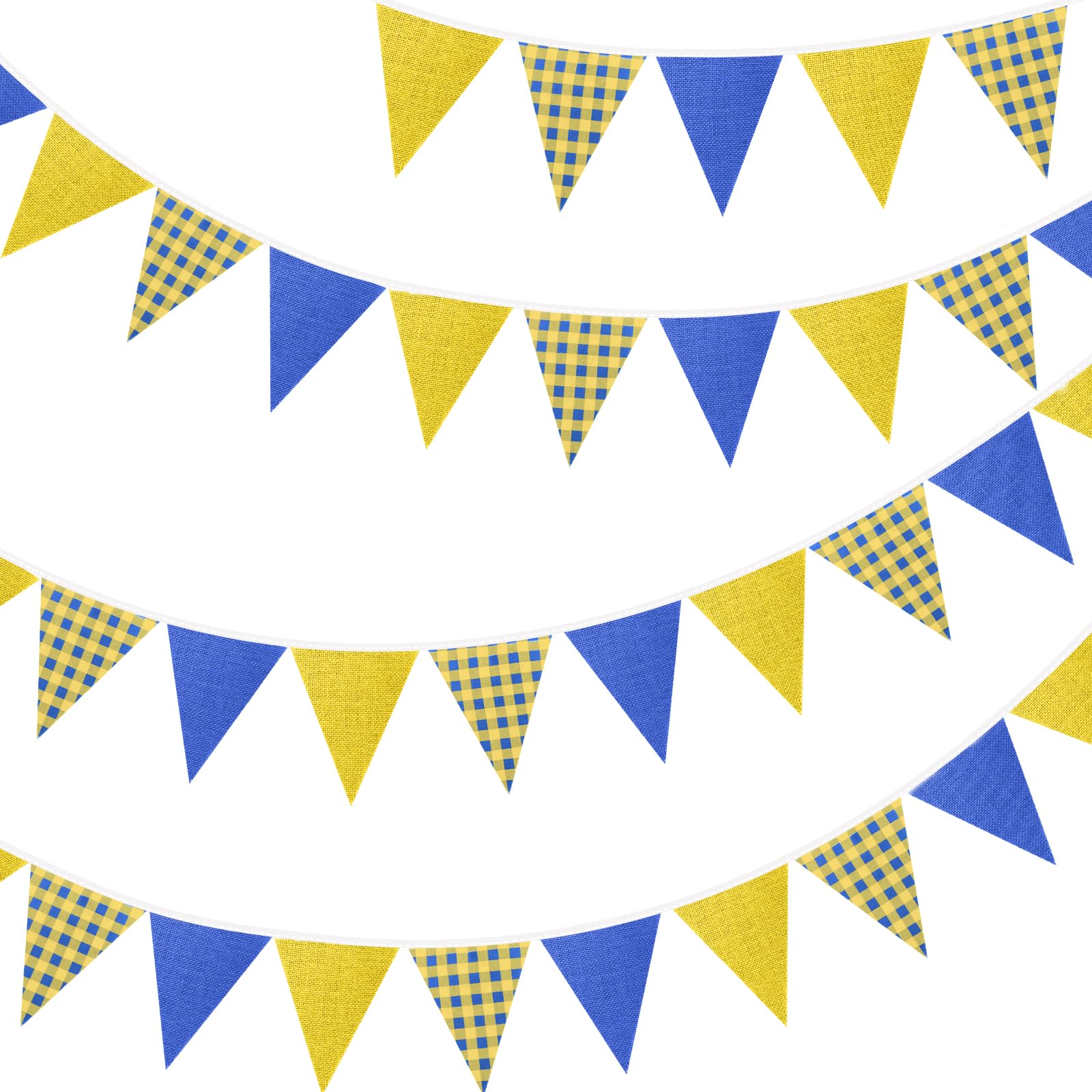 G2PLUS Burlap Fabric Gingham Bunting Banner: 36PCS Large Outdoor Triangle Flags, 10m Blue and Yellow Vintage Bunting Banner for Vintage Themed Party, Birthday, Tea Party, Garden Decoration