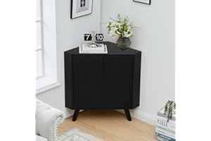 XUZENEST Fluted Floor Corner Cabinet, Small Corner Floor Cabinet with Adjustable Shelve, Freestanding Narrow Cabinet Organizer for Living Room Kitchen Bathroom, Black