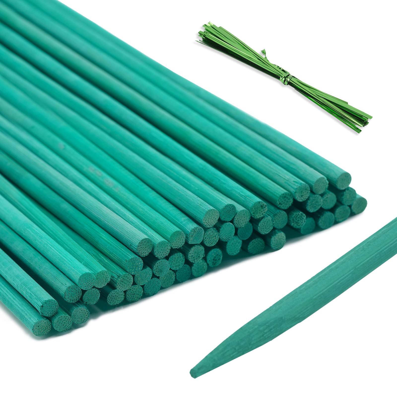 KINGLAKE 50Pcs Green Plant Support Sticks 60cm, Bamboo Plant Stakes Split Canes with Twist Ties, Floral Sticks Garden Flower Sticks for Orchid Pea Vegetables Support (24 Inch)