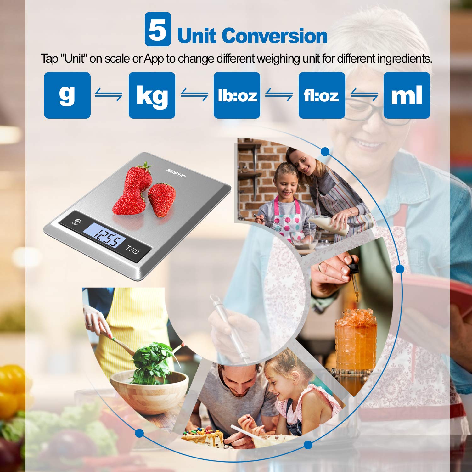RENPHO Digital Food Scale, Kitchen Scale Weight Grams and oz for Baking, Cooking and Coffee with Nutritional Calculator for Keto, Macro, Calorie and Weight Loss with Smartphone App, Stainless Steel: Industrial & Scientific