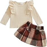 PUHHAPIEY Toddler Baby Girl Skirt Outfits 6M-3T Long Sleeve Ruffle Knit Ribbed Shirt + Mini Flannel Plaid Skirt Fall Winter