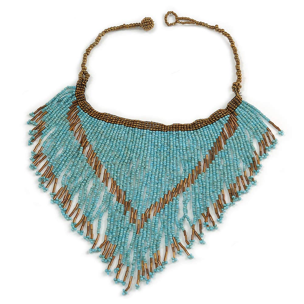 Avalaya Glass Bead Bib Style/Fringe Necklace In Light Blue/Bronze/ 40cm L/ 17cm Front Drop