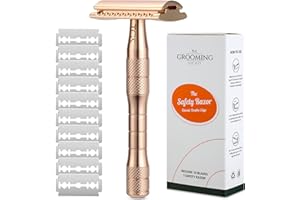 THE GROOMING SOCIETY Safety Razor with 10 Double Edge Blades Refills, Single Blade Razor, Zero Waste Reusable Razor for Men Women, Smooth Closed Shave - Gold